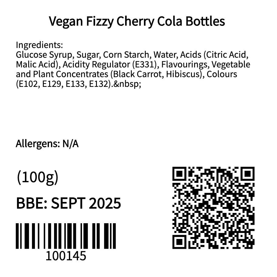 Vegan Fizzy Cherry Cola Bottles (100g)