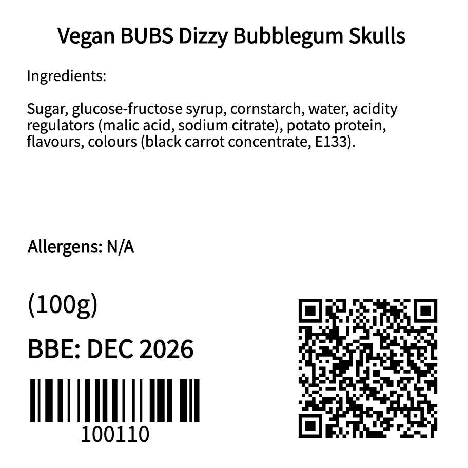 Vegan BUBS Dizzy Bubblegum Skulls (100g)
