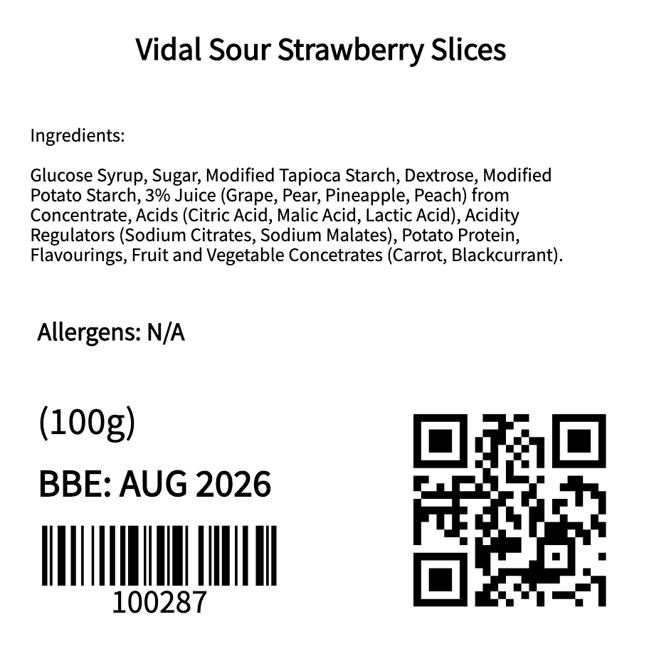 Vidal Sour Strawberry Slices (100g)