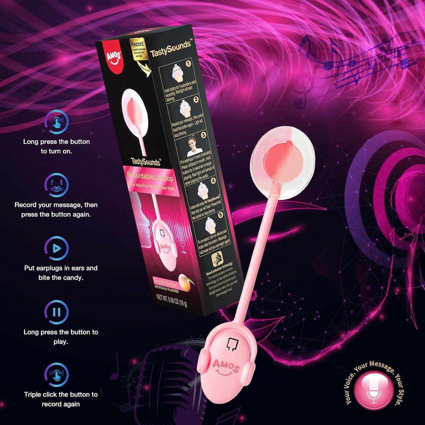 Amos Tasty Sounds XL Lollipop Recordable Honey Peach Flavour (1 Each)